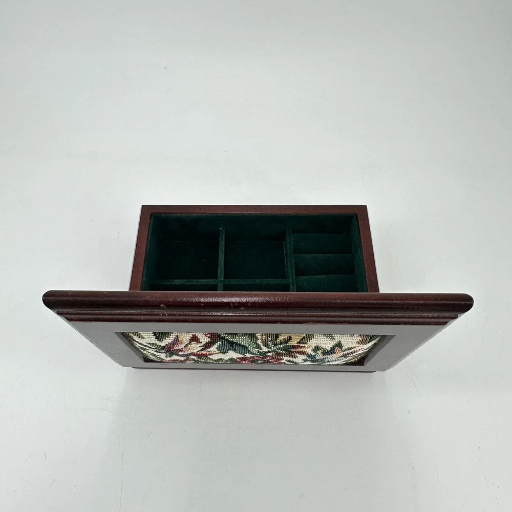 Vintage Floral Tapestry Wooden Jewelry Box Green‎ Velvet Lining Mirror Ring Roll